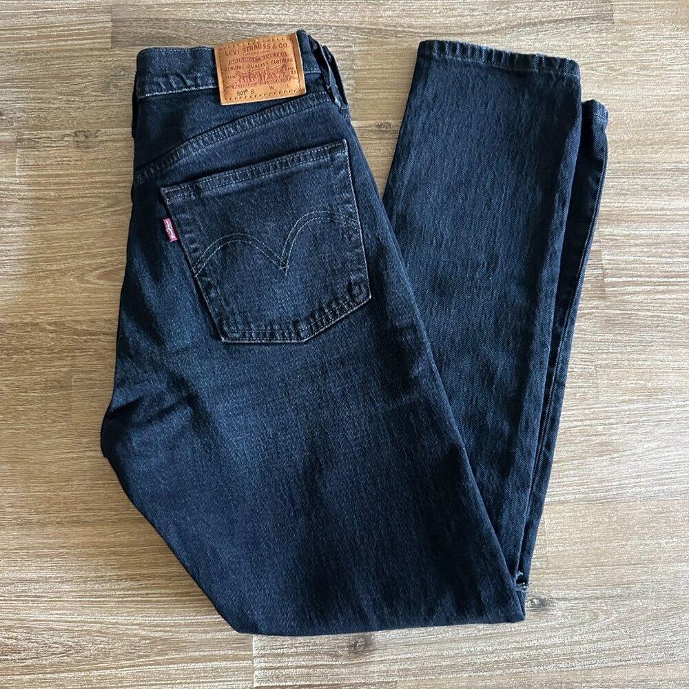Levi's 501 High Rise Skinny Fit Black Denim Jeans Size 26 Distressed Knees
